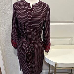 EUC LOFT Burgundy Long Sleeve Dress with Polka Dots